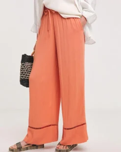 Apricot Crinkle Shirred Waist Wide Leg Trousers