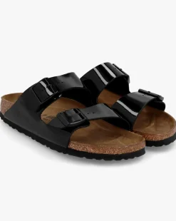 Birkenstock Arizona Birko-Flor Black Patent Two Bar Mules Narrow Width