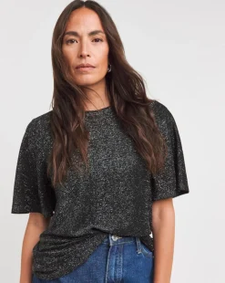 Black Crew Neck Angel Sleeve Glitter Knit Top