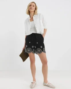 Black Linen Mix Broderie Hem Shorts