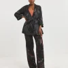 Black Palm Print Satin Wide Leg Trousers