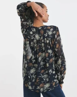 Blouson Sleeve Collarless Georgette Blouse