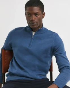 Blue Cotton 1/4 Zip Up Funnel Neck