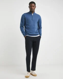 Blue Cotton 1/4 Zip Up Funnel Neck