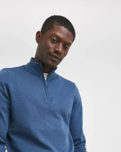 Blue Cotton 1/4 Zip Up Funnel Neck