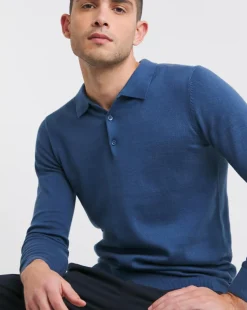Blue Long Sleeve Knitted Polo