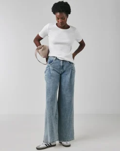 Blue Pleat Detail Wide Leg Jeans