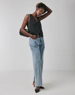 Blue Pleat Detail Wide Leg Jeans