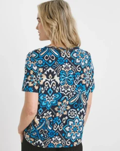 Blue Print V Neck Short Sleeve Bubble Hem Top