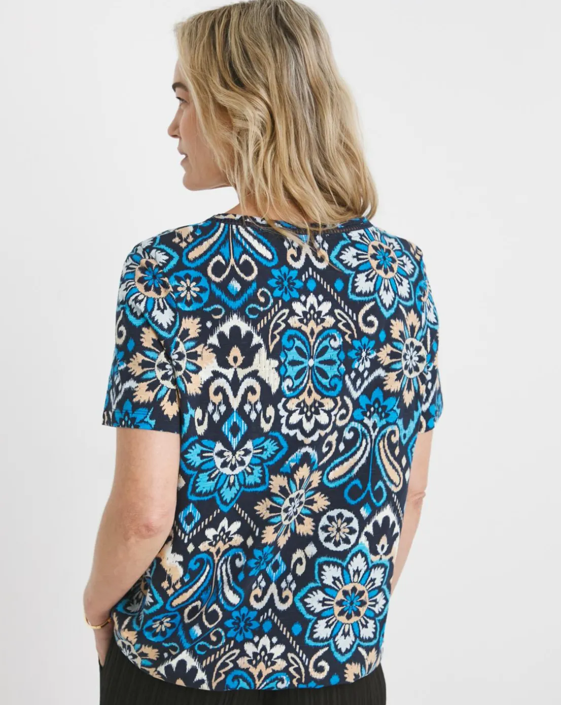 Blue Print V Neck Short Sleeve Bubble Hem Top