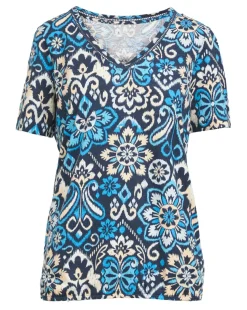 Blue Print V Neck Short Sleeve Bubble Hem Top
