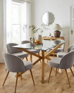 Bodie Oak 6 Seater Dining Table with 6 Emilie Fabric Chairs