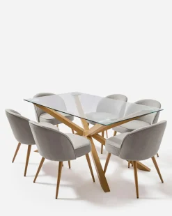 Bodie Oak 6 Seater Dining Table with 6 Emilie Fabric Chairs