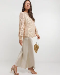 Champagne Sequin Slash Neck Volume Sleeve Top