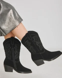 Daytona Punch Detail Suede Western Mid Calf Boots Wide E Fit Super Curvy Calf