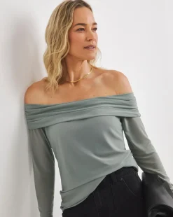 Green Mesh Bardot Top