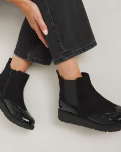Heavenly Soles Debbie Low Wedge Chelsea Boots with Brogue Detailing Wide E Fit