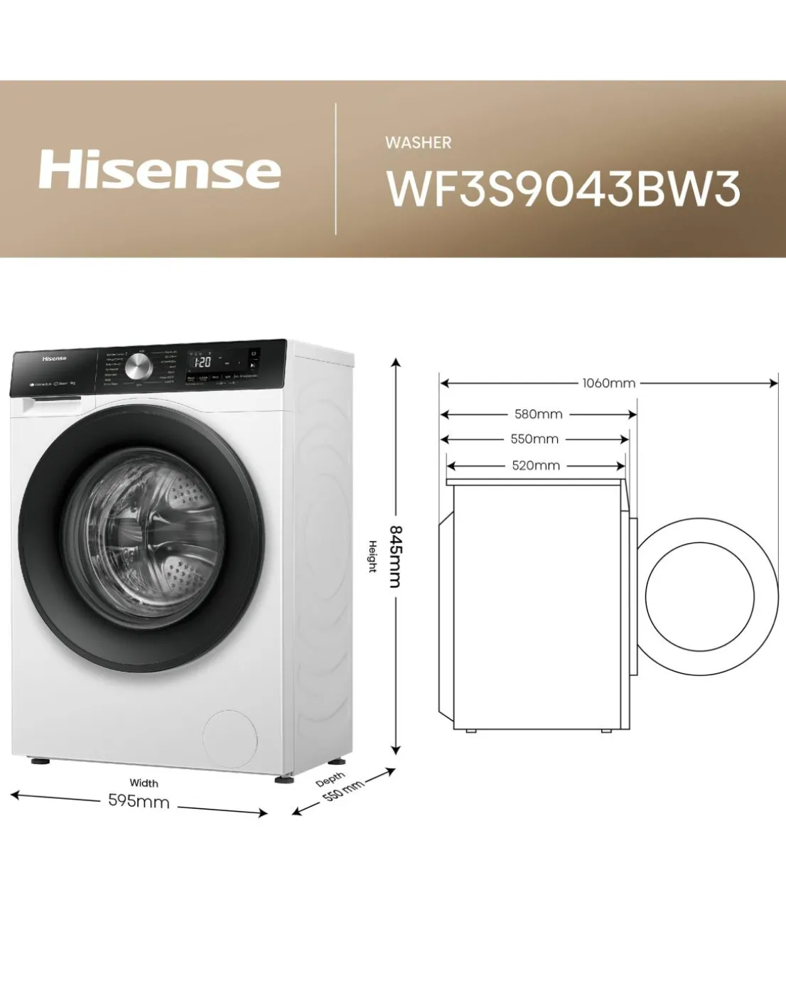 Hisense 3S Series WF3S9043BW3 9kg 1400 Spin Washing Machine - White