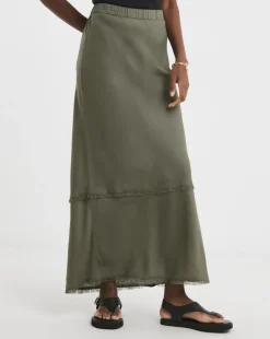 Khaki Linen Mix Frayed Hem Skirt