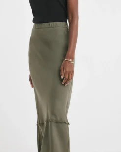 Khaki Linen Mix Frayed Hem Skirt