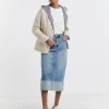 Light Blue Turn Up Midi Denim Skirt