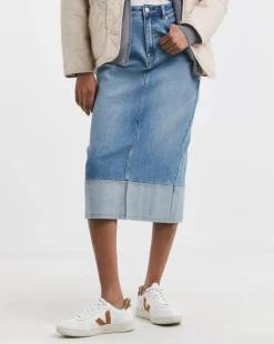 Light Blue Turn Up Midi Denim Skirt