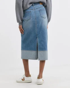 Light Blue Turn Up Midi Denim Skirt