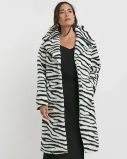 Longline Zebra Print Faux Fur Coat
