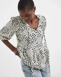 Mono Print Bow Blouson Peplum Top