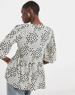 Mono Print Bow Blouson Peplum Top