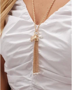 Mood Gold Hammered Heart Pearl Chain Long Pendant Necklace