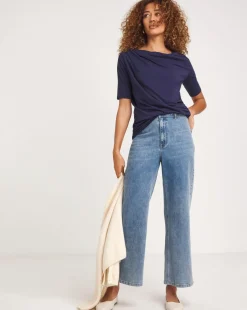 Navy Drape Detail Short Sleeve Top