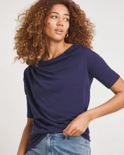 Navy Drape Detail Short Sleeve Top