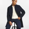 Navy Faux Wool Turn Up Collar Coat