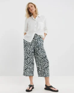 Navy Print Linen Mix Cropped Wide Leg Culottes