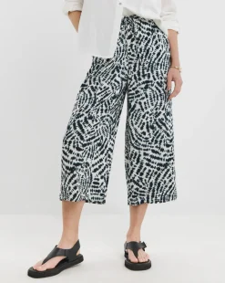 Navy Print Linen Mix Cropped Wide Leg Culottes