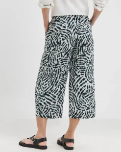 Navy Print Linen Mix Cropped Wide Leg Culottes