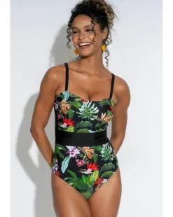 Pour Moi Palermo Panelled Tummy Control Swimsuit Black Tropic