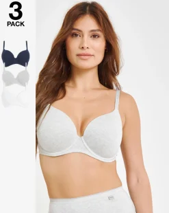 Pretty Secrets 3 Pack Cotton T-Shirt Bras B-F - Grey/White/Navy
