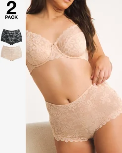 Pretty Secrets 2 Pack Daisy Lace Short Knickers - Black/Almond