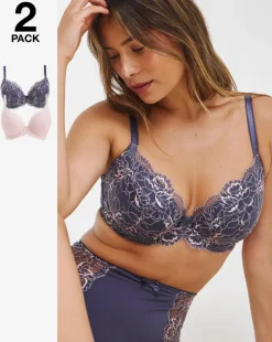 Pretty Secrets 2 Pack Ella Lace Padded Plunge Wired Bras - Navy/Pink