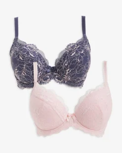 Pretty Secrets 2 Pack Ella Lace Padded Plunge Wired Bras - Navy/Pink