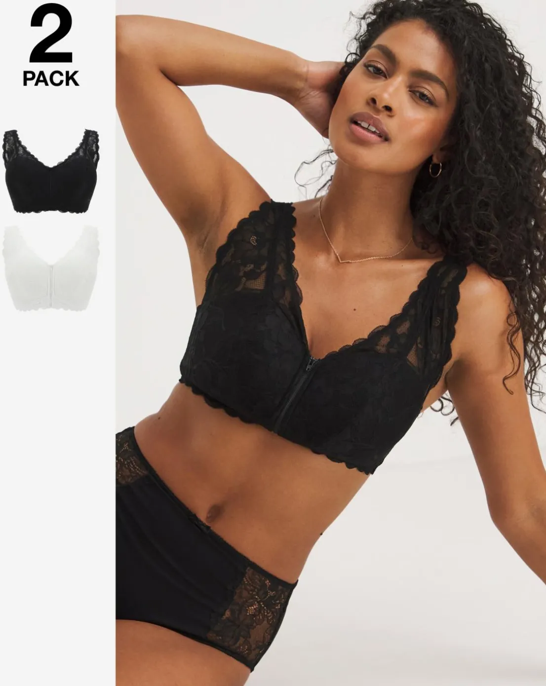 Pretty Secrets 2 Pack Zip Front Fastening Lace Comfort Bras B-F Black/White