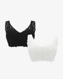Pretty Secrets 2 Pack Zip Front Fastening Lace Comfort Bras B-F Black/White