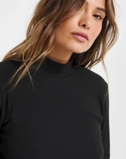 Pretty Secrets Thermal Brushed Fleece Turtle Neck Long Sleeve Top - Black