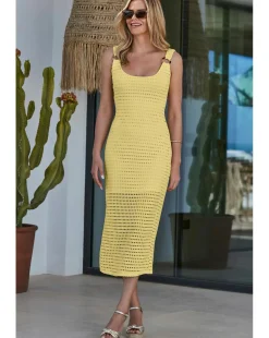 Sosandar Yellow Crochet Ring Detail Midi Dress