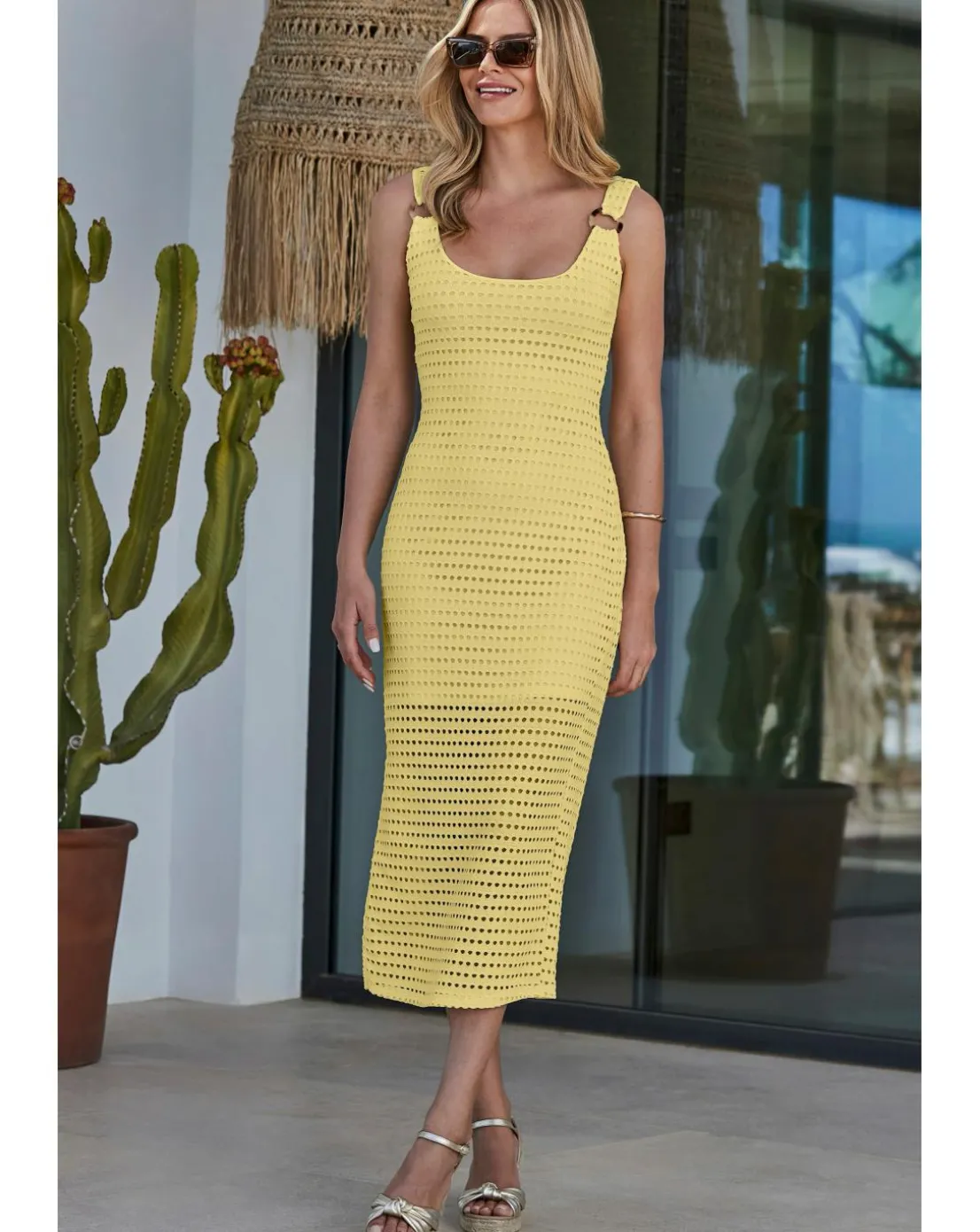Sosandar Yellow Crochet Ring Detail Midi Dress