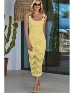 Sosandar Yellow Crochet Ring Detail Midi Dress
