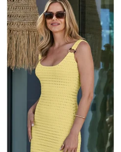 Sosandar Yellow Crochet Ring Detail Midi Dress