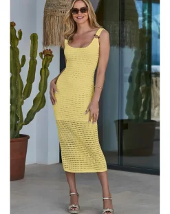 Sosandar Yellow Crochet Ring Detail Midi Dress